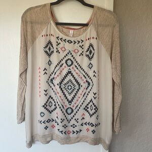 Xhilaration Beige and Cream Aztec Long Sleeve Top